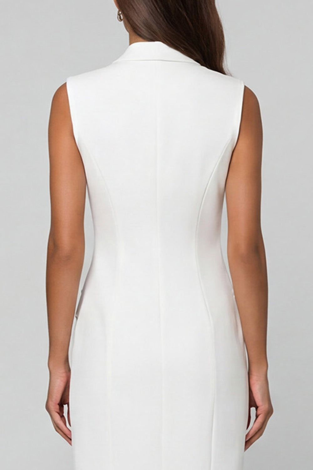 Notched Lapel White Bodycon Sleeveless Midi Work Dress