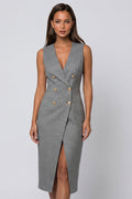 Grey Sleeveless Bodycon Midi Work Dress with Slit