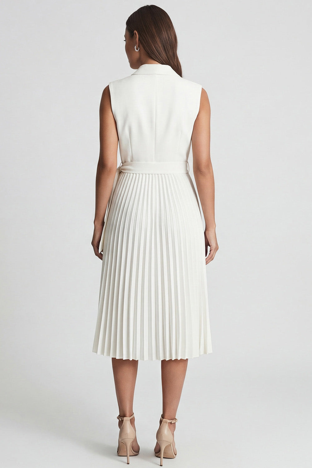 Ivory Notched Lapel A Line Pleated Midi Work Dress