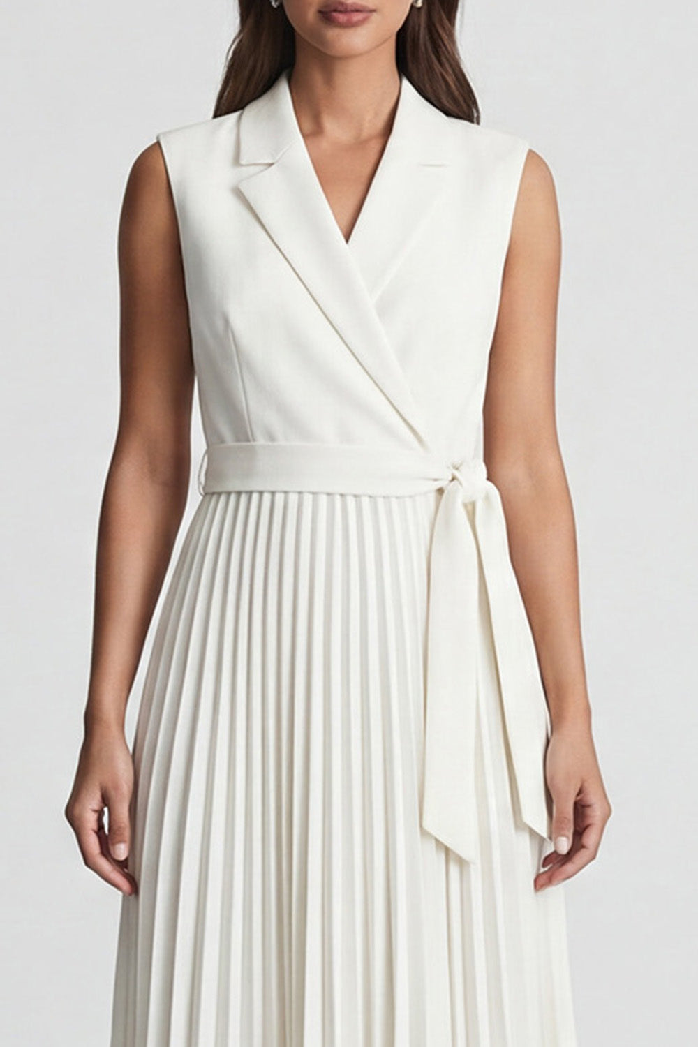 Ivory Notched Lapel A Line Pleated Midi Work Dress