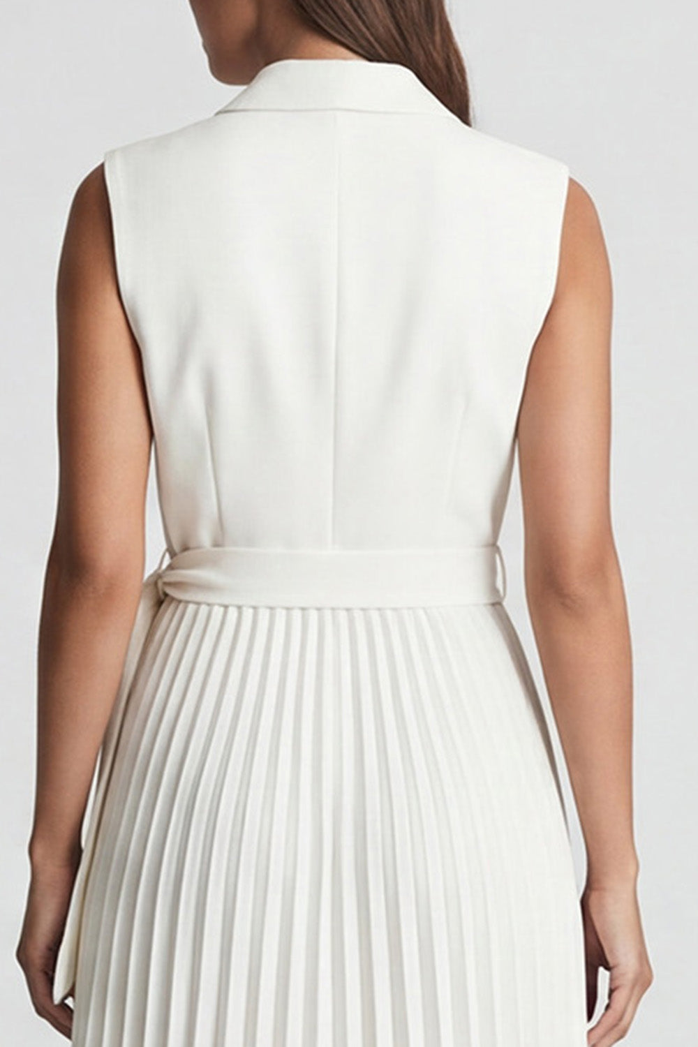 Ivory Notched Lapel A Line Pleated Midi Work Dress