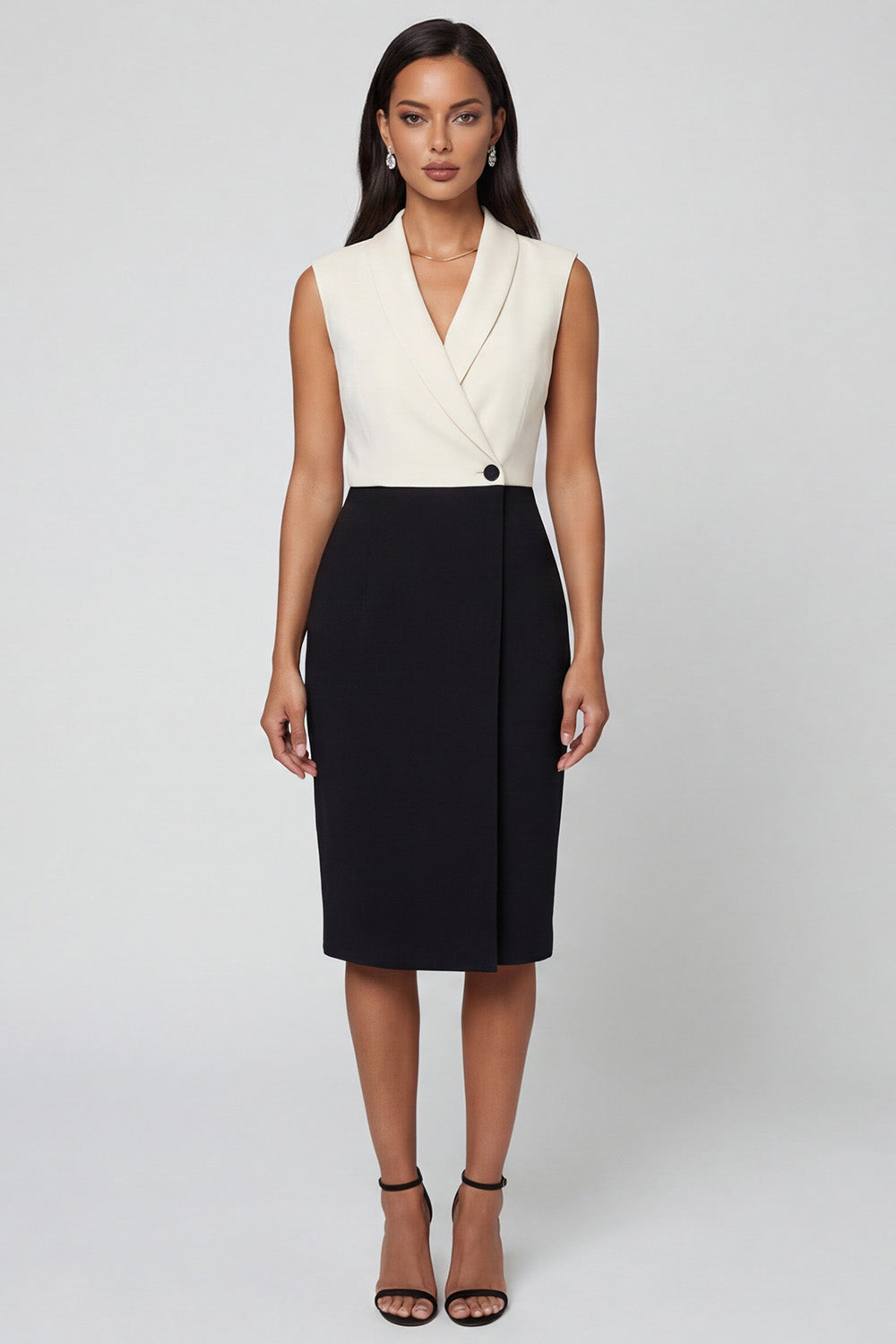 Shawl Lapel ColorBlock Black and White Bodycon Work Dress