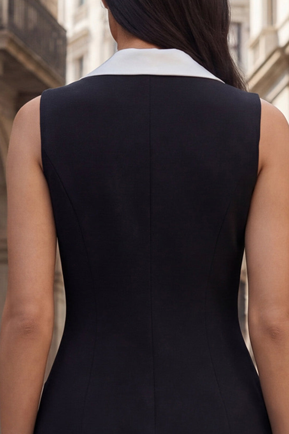 Notched Lapel Black Sleeveless Bodycon Work Dress