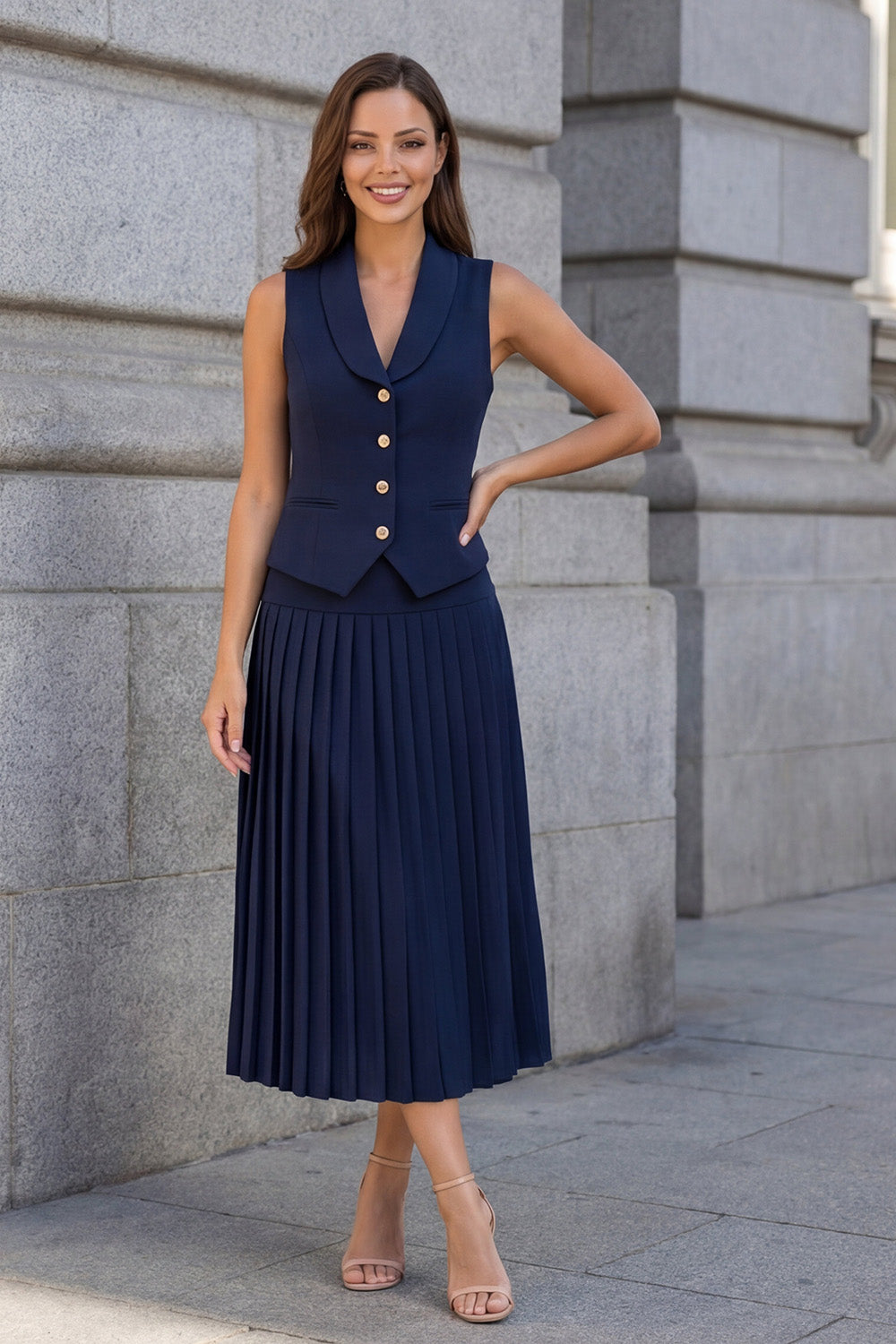 Shawl Lapel 2 Piece Pleated Navy A Line Midi Work Dress