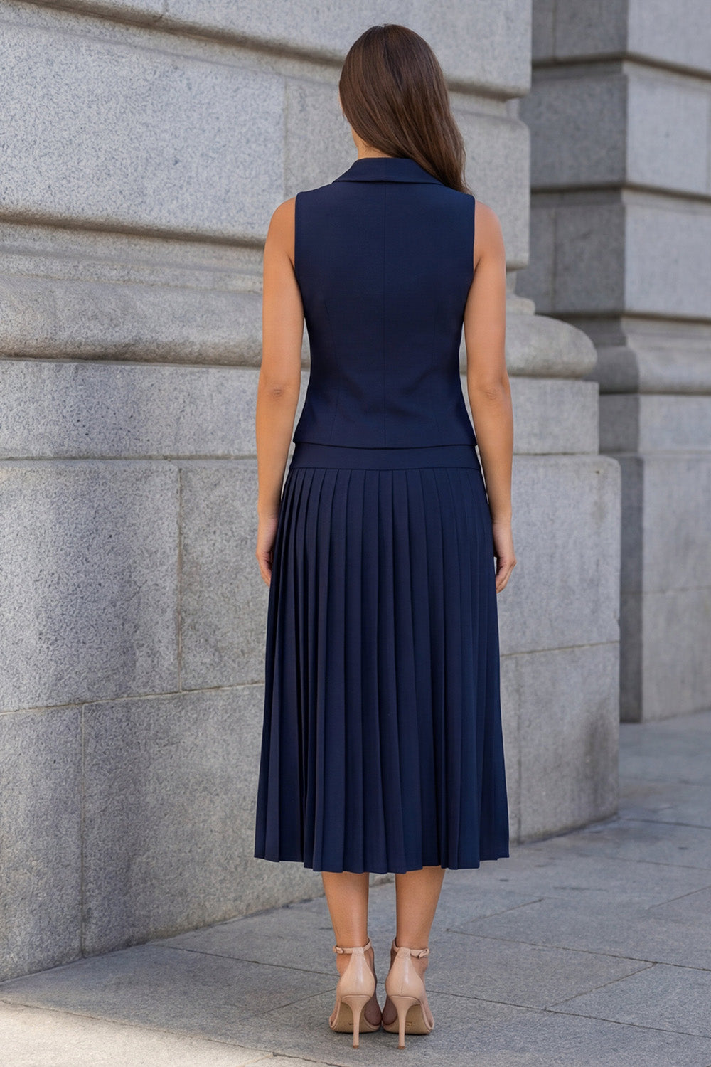 Shawl Lapel 2 Piece Pleated Navy A Line Midi Work Dress