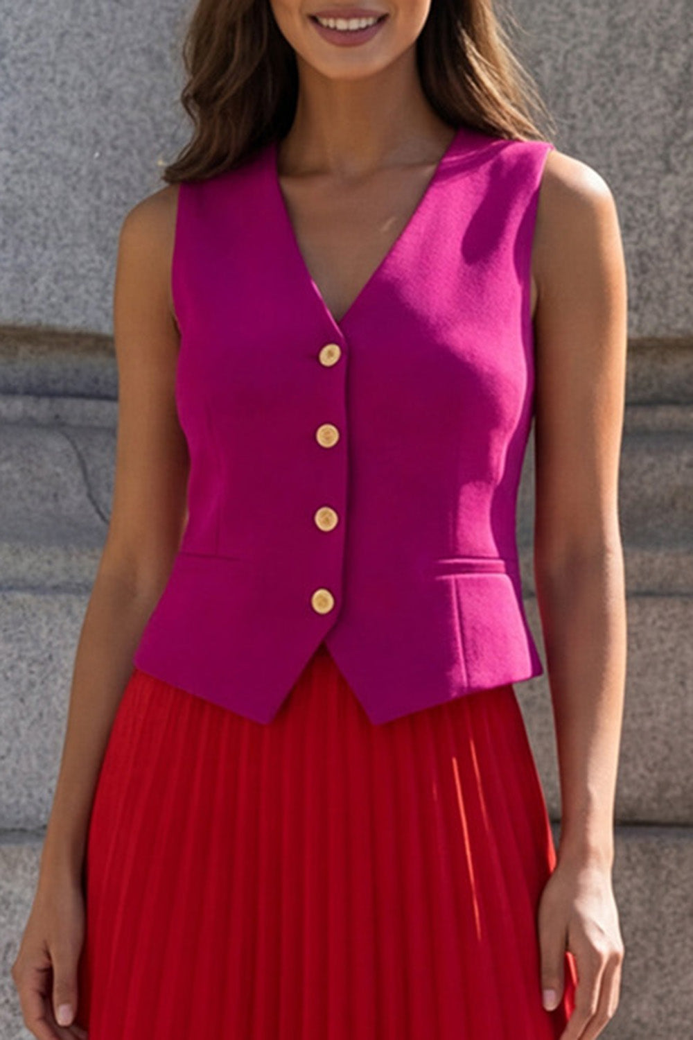 Colorblock 2 Piece Fuchsia and Red Pleated A Line Midi Work Dress