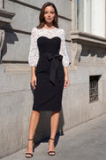 Black and White 3/4 Sleeve Lace Bodycon Formal Dress with Bow