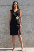 Black Appliqued Ruched Ruffled Bodycon Cocktail Dress