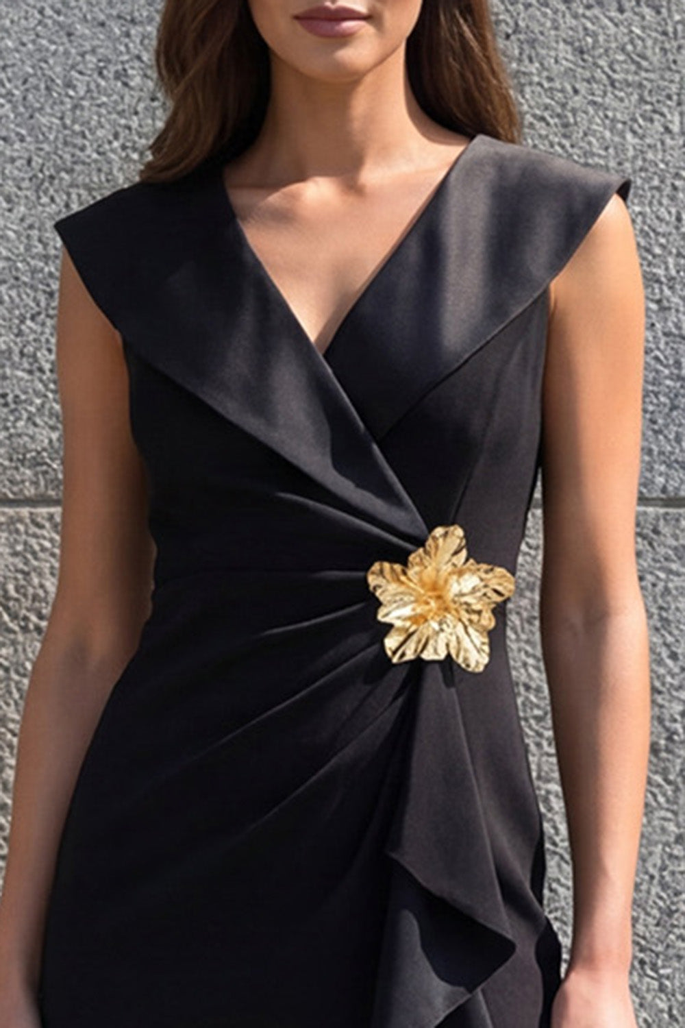 Black Appliqued Ruched Ruffled Bodycon Cocktail Dress