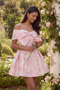 Pink Floral Off the Shoulder A Line Mini Wedding Guest Dress
