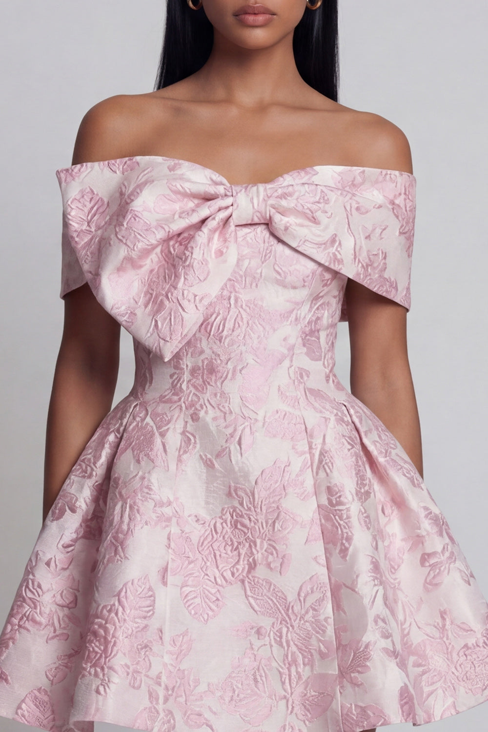Pink Floral Off the Shoulder A Line Mini Wedding Guest Dress
