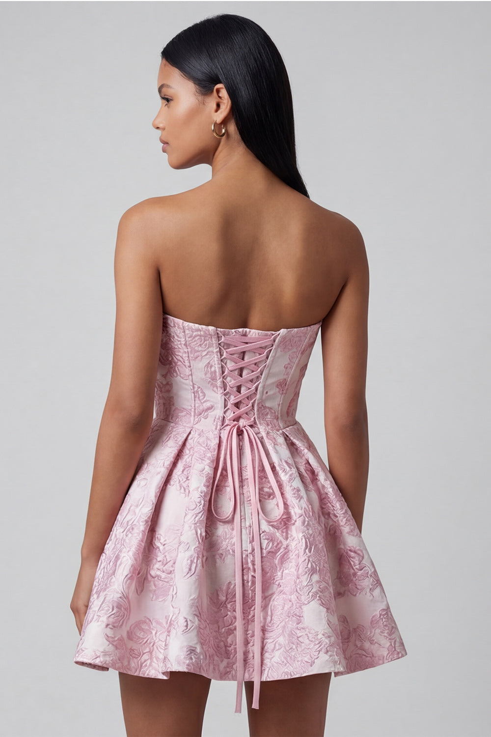 Strapless Pink Floral A Line Mini Wedding Guest Dress with Bow