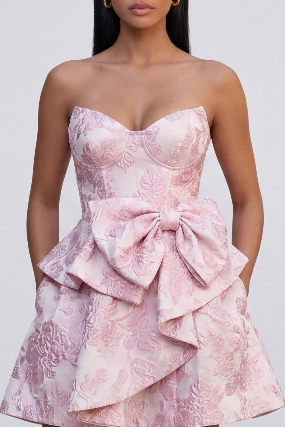 Strapless Pink Floral A Line Mini Wedding Guest Dress with Bow