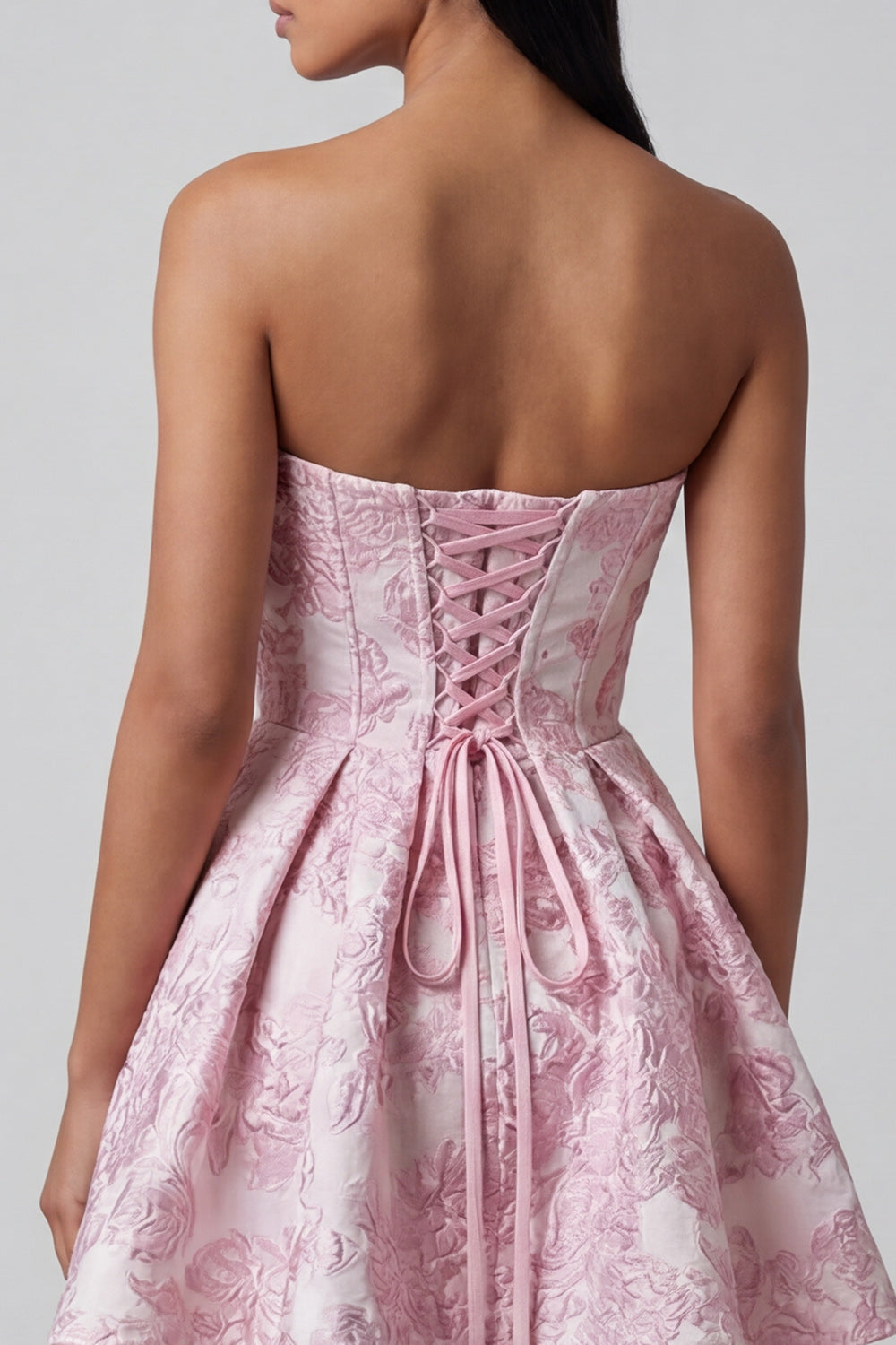 Strapless Pink Floral A Line Mini Wedding Guest Dress with Bow