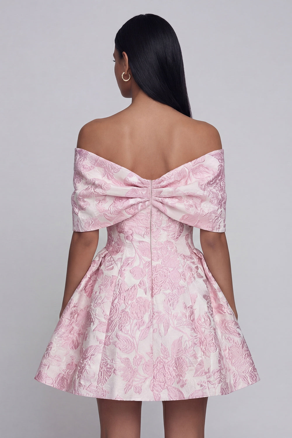 Off the Shoulder Bowed Pink Floral A Line Mini Wedding Guest Dress