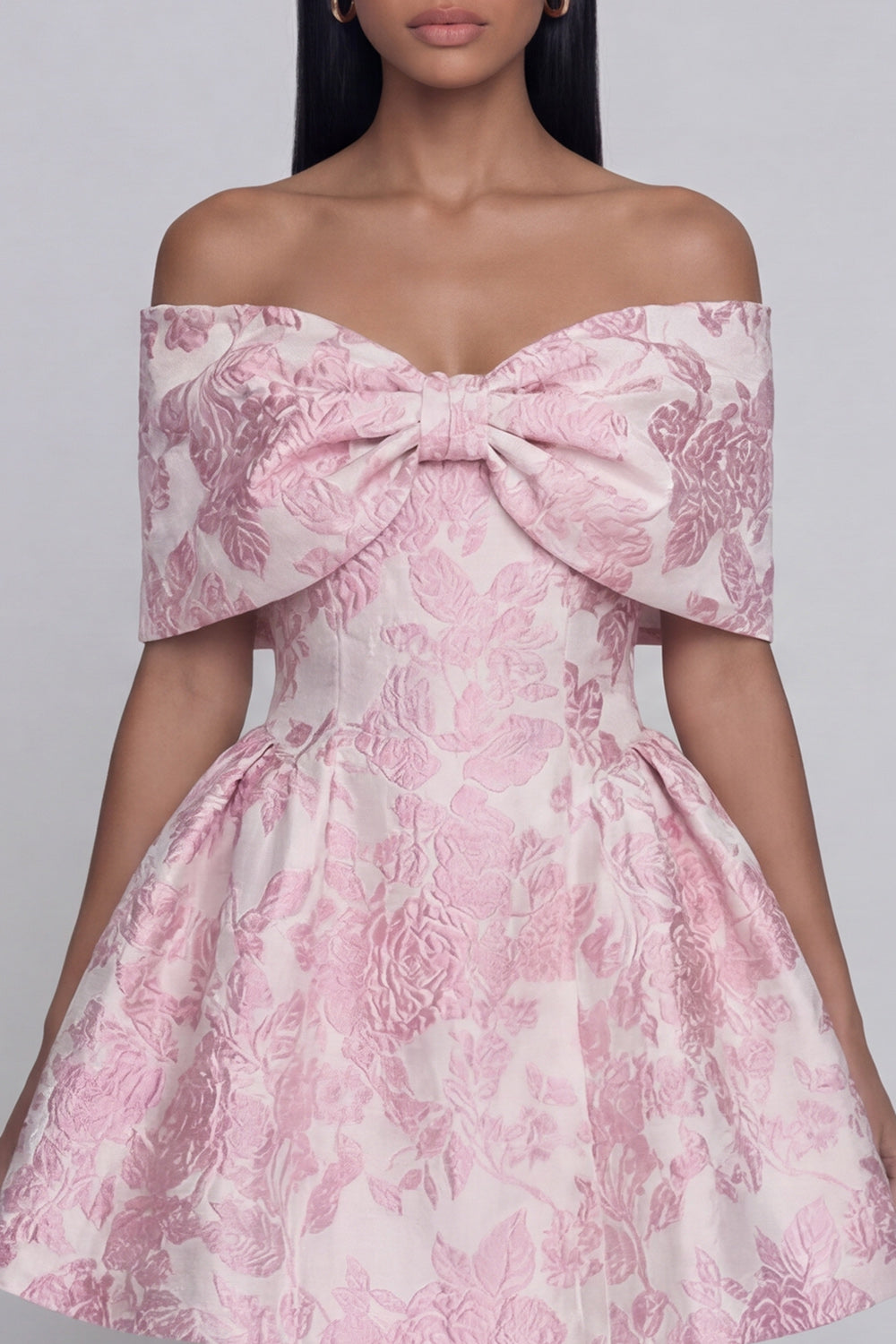 Off the Shoulder Bowed Pink Floral A Line Mini Wedding Guest Dress