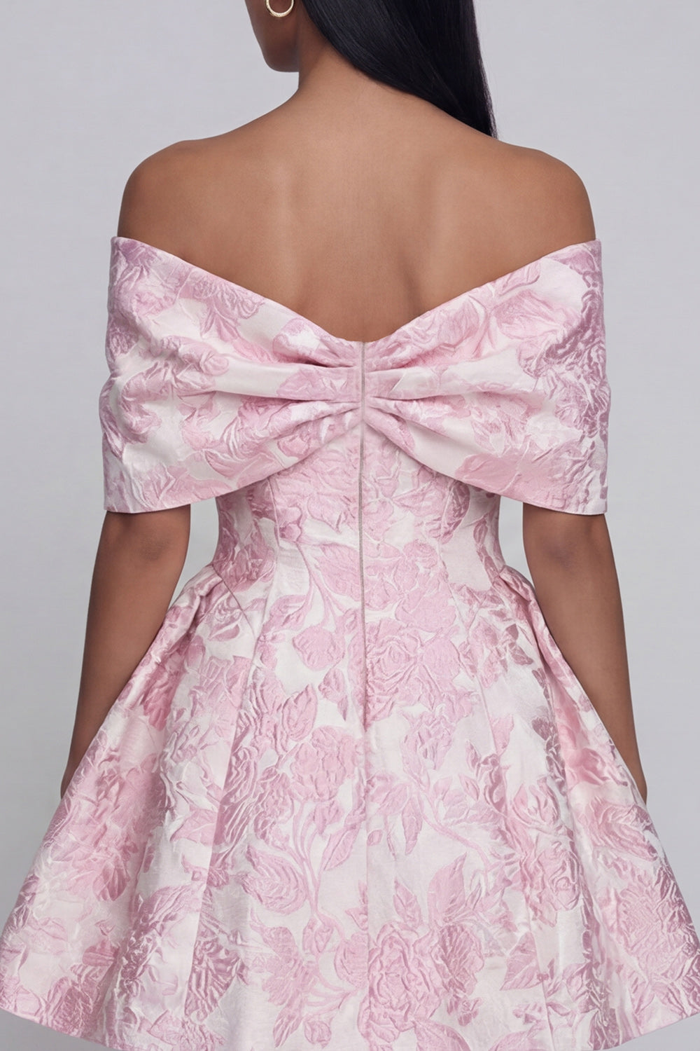 Off the Shoulder Bowed Pink Floral A Line Mini Wedding Guest Dress