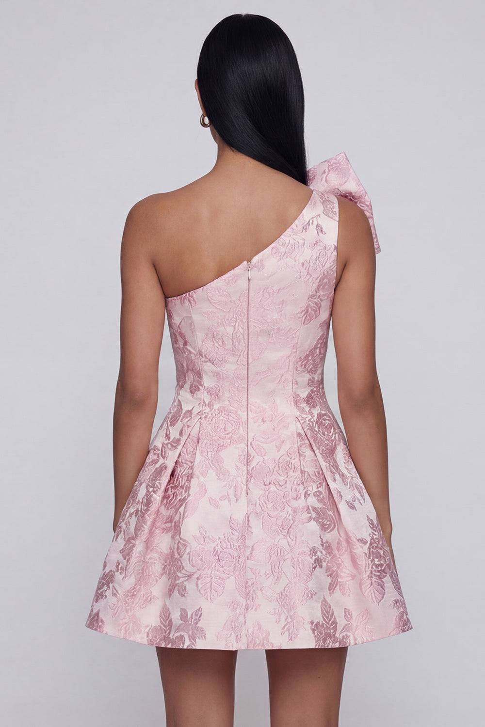 Bowed One Shoulder Pink Floral A Line Mini Wedding Guest Dress