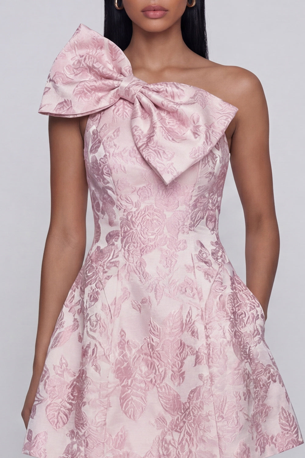 Bowed One Shoulder Pink Floral A Line Mini Wedding Guest Dress