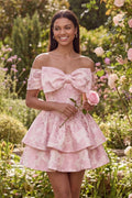 Tiered Bowed Off the Shoulder Pink Floral Mini Wedding Guest Dress