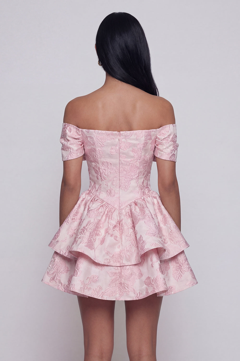 Tiered Bowed Off the Shoulder Pink Floral Mini Wedding Guest Dress