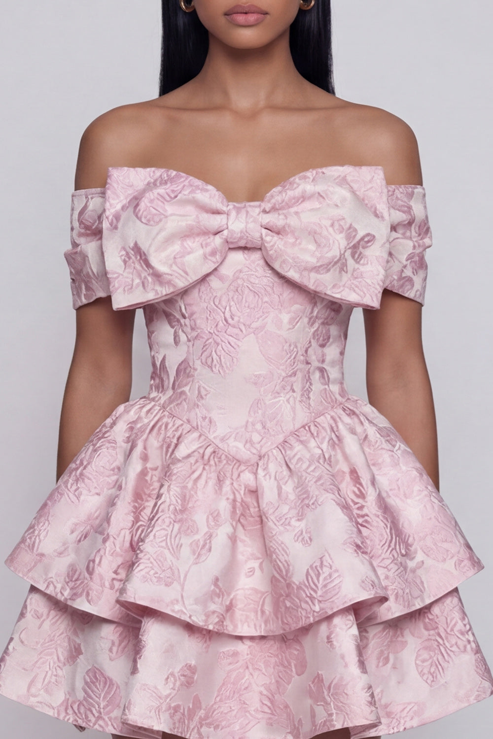 Tiered Bowed Off the Shoulder Pink Floral Mini Wedding Guest Dress