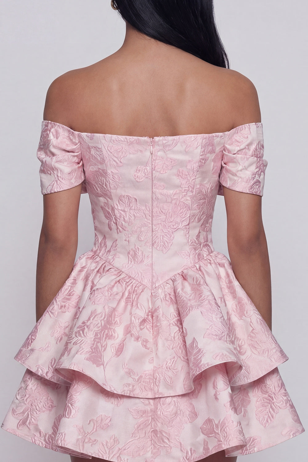 Tiered Bowed Off the Shoulder Pink Floral Mini Wedding Guest Dress