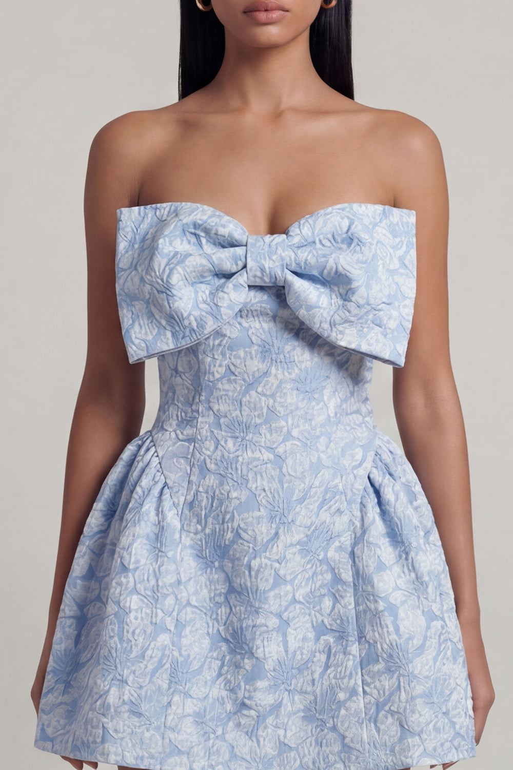 Bowed Blue Floral Strapless Mini Wedding Guest Dress