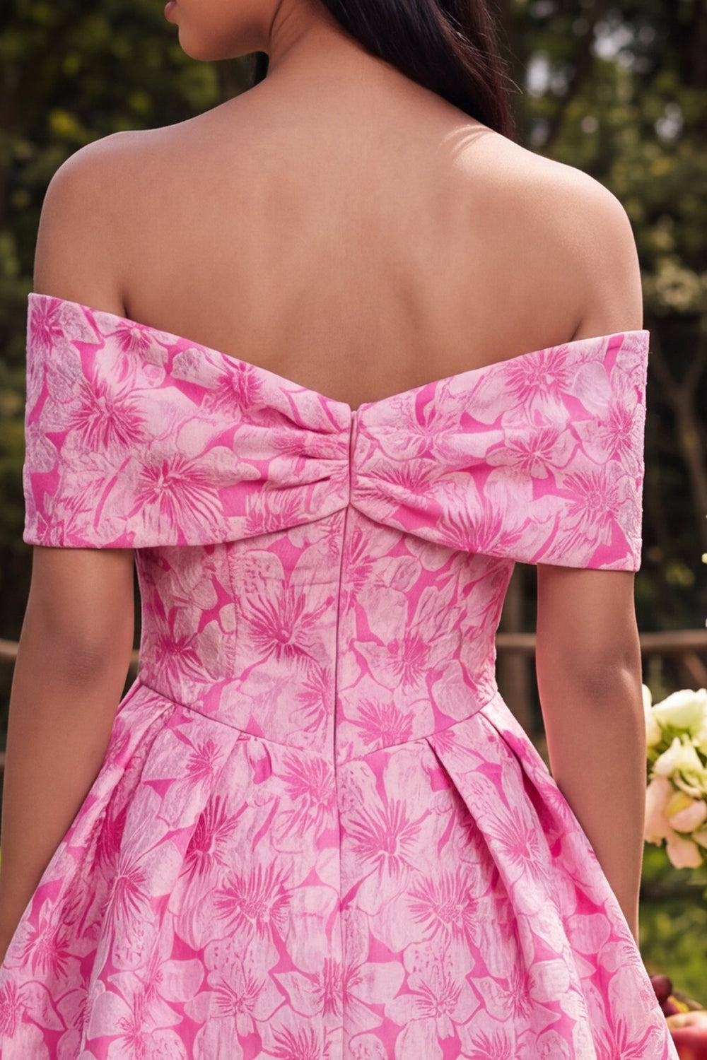 Off the Shoulder Bowed Fuchsia Floral A Line Mini Homecoming Dress