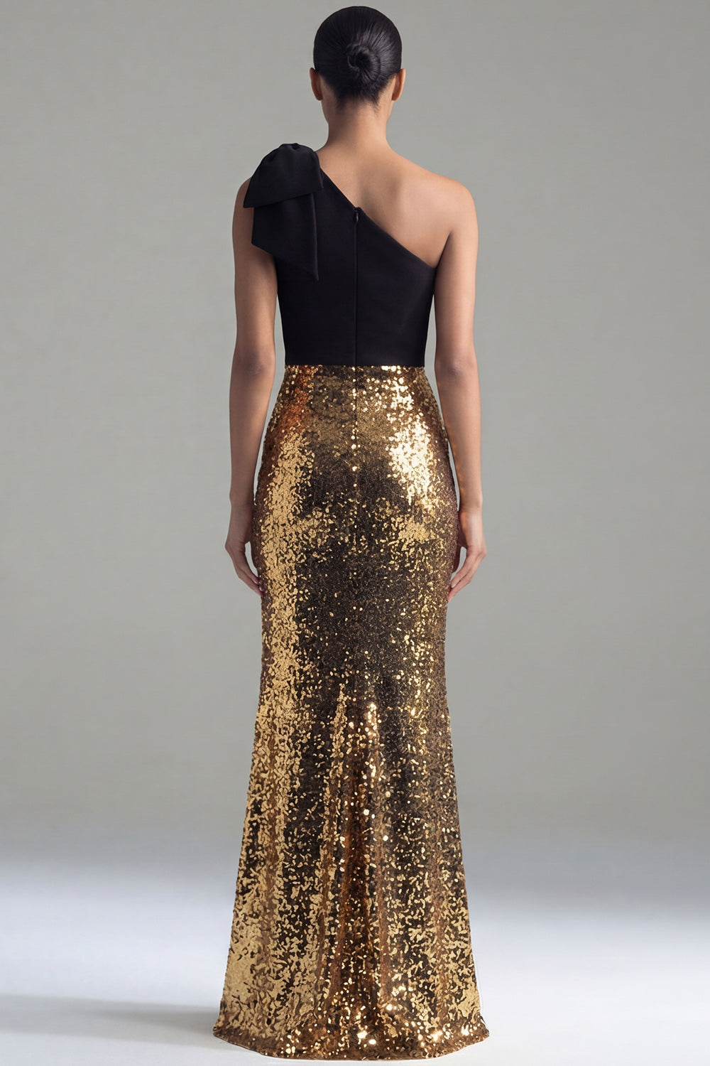 Sequin One Shoulder Bowed Mermaid Black and Gold Formal Dress