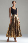 Sparkly A Line Square Neck Black and Gold Evening Dress