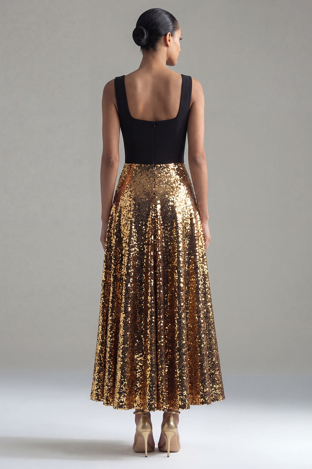Sparkly A Line Square Neck Black and Gold Evening Dress