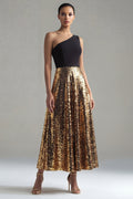 One Shoulder Sequin Colorblock A Line Black and Gold Formal Dress