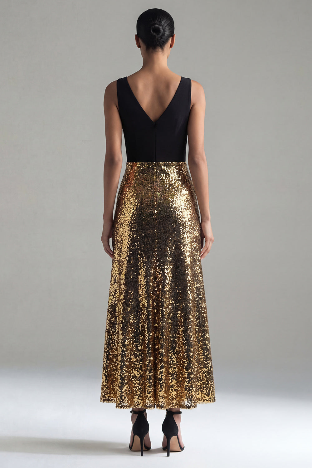 Sequin Colorblock A Line Black and Gold Formal Dress