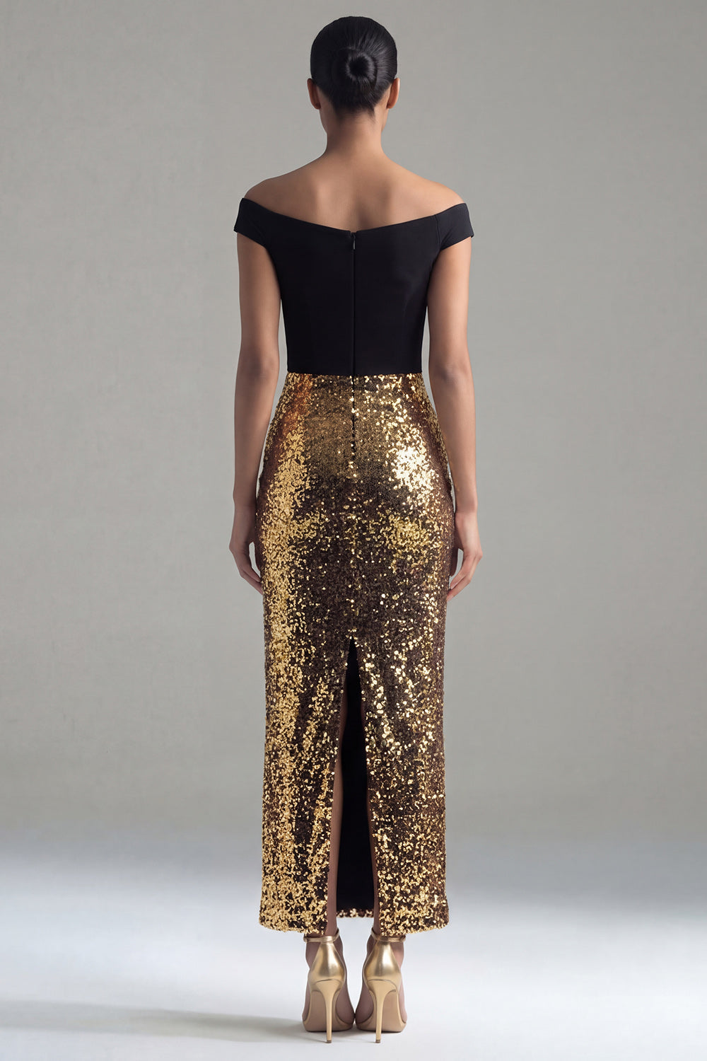 Off the Shoulder Sequin Colorblock Black and Gold Evening Dress