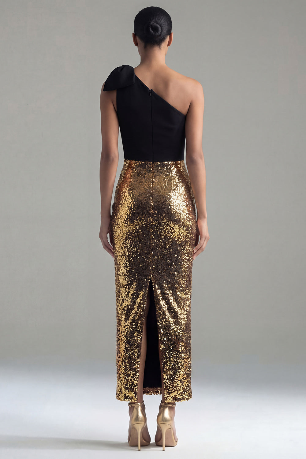One Shoulder Bowed Sequin Colorblock Black and Gold Formal Dress