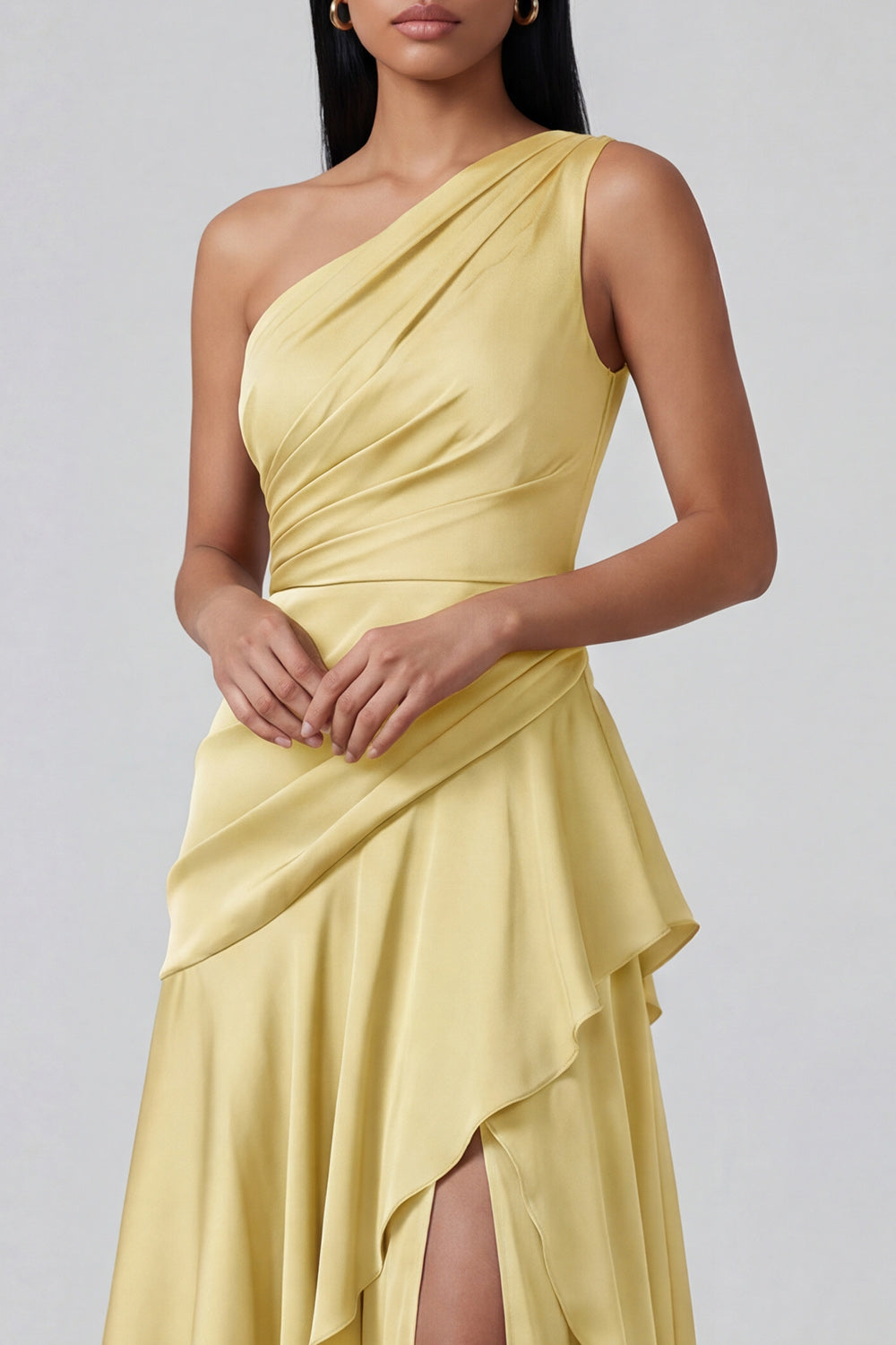 Yellow Tiered One Shoulder Ruffled Formal Dress with Slit