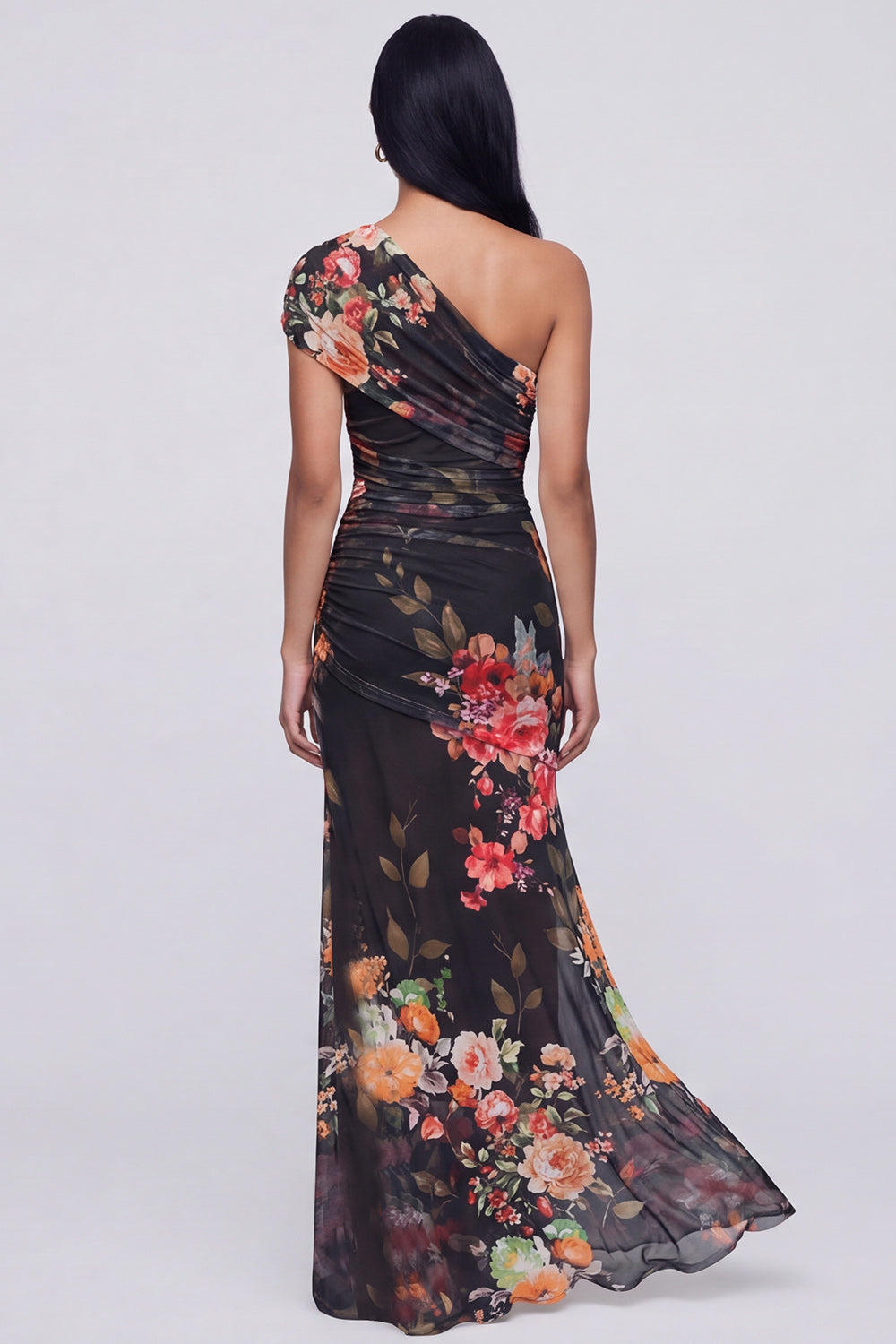 Champagne One Shoulder Floral Mermaid Wedding Guest Dress with Slit