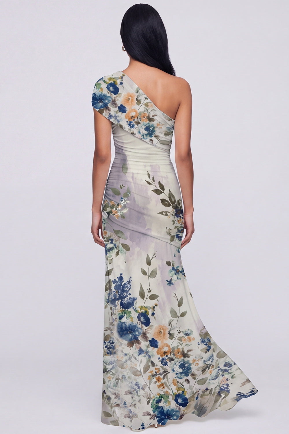 Champagne One Shoulder Floral Mermaid Wedding Guest Dress with Slit
