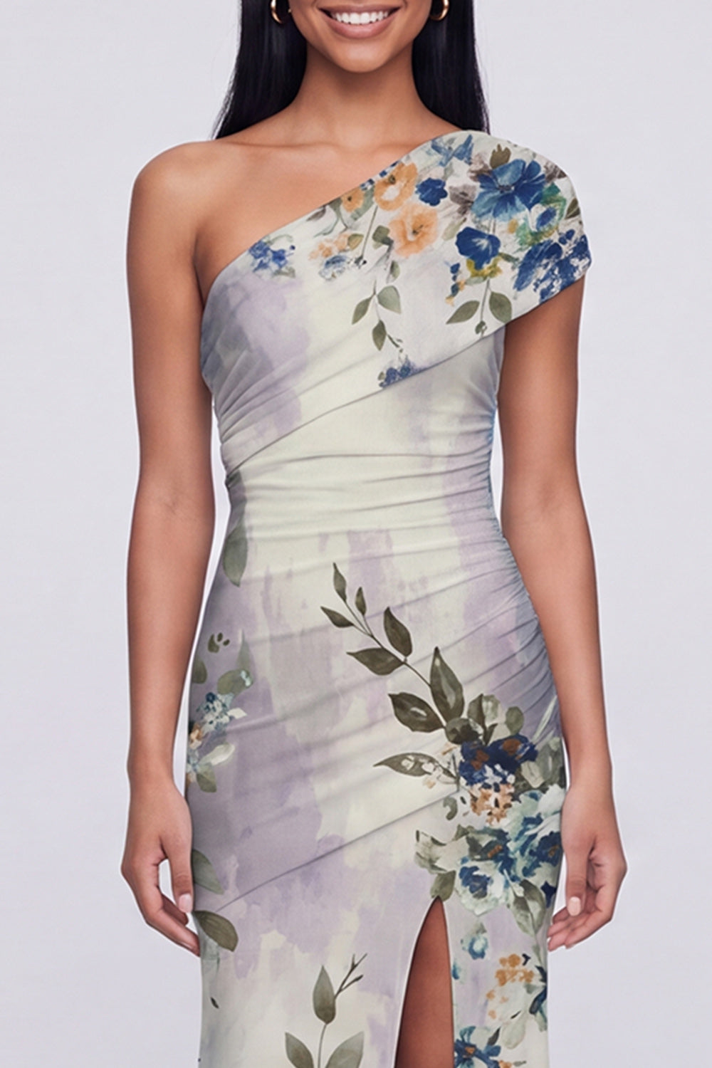 Champagne One Shoulder Floral Mermaid Wedding Guest Dress with Slit