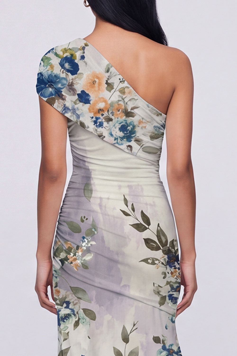 Champagne One Shoulder Floral Mermaid Wedding Guest Dress with Slit