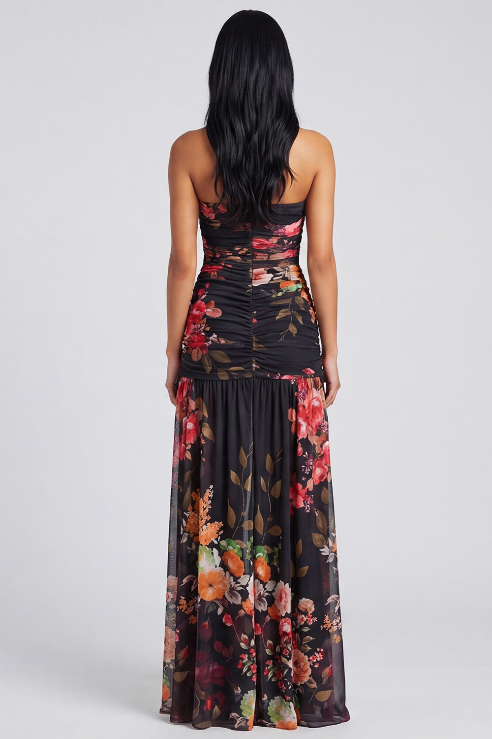 Ivory Floral Strapless Ruched Long Wedding Guest Dress with Slit