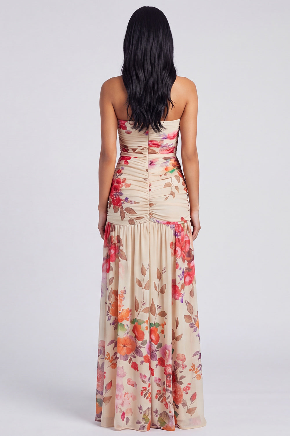 Ivory Floral Strapless Ruched Long Wedding Guest Dress with Slit