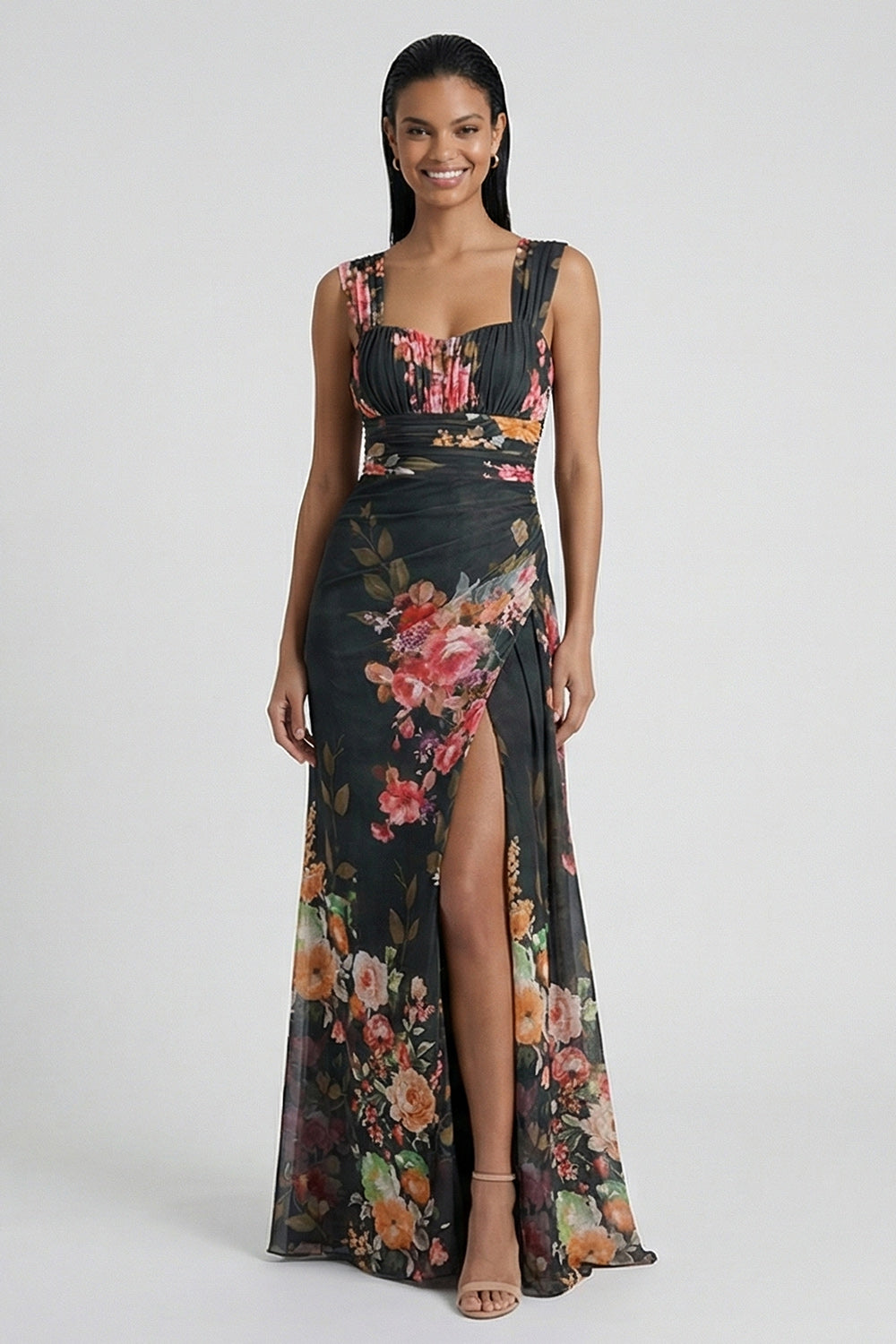 Black A Line Floral Long Wedding Guest Dress with Slit