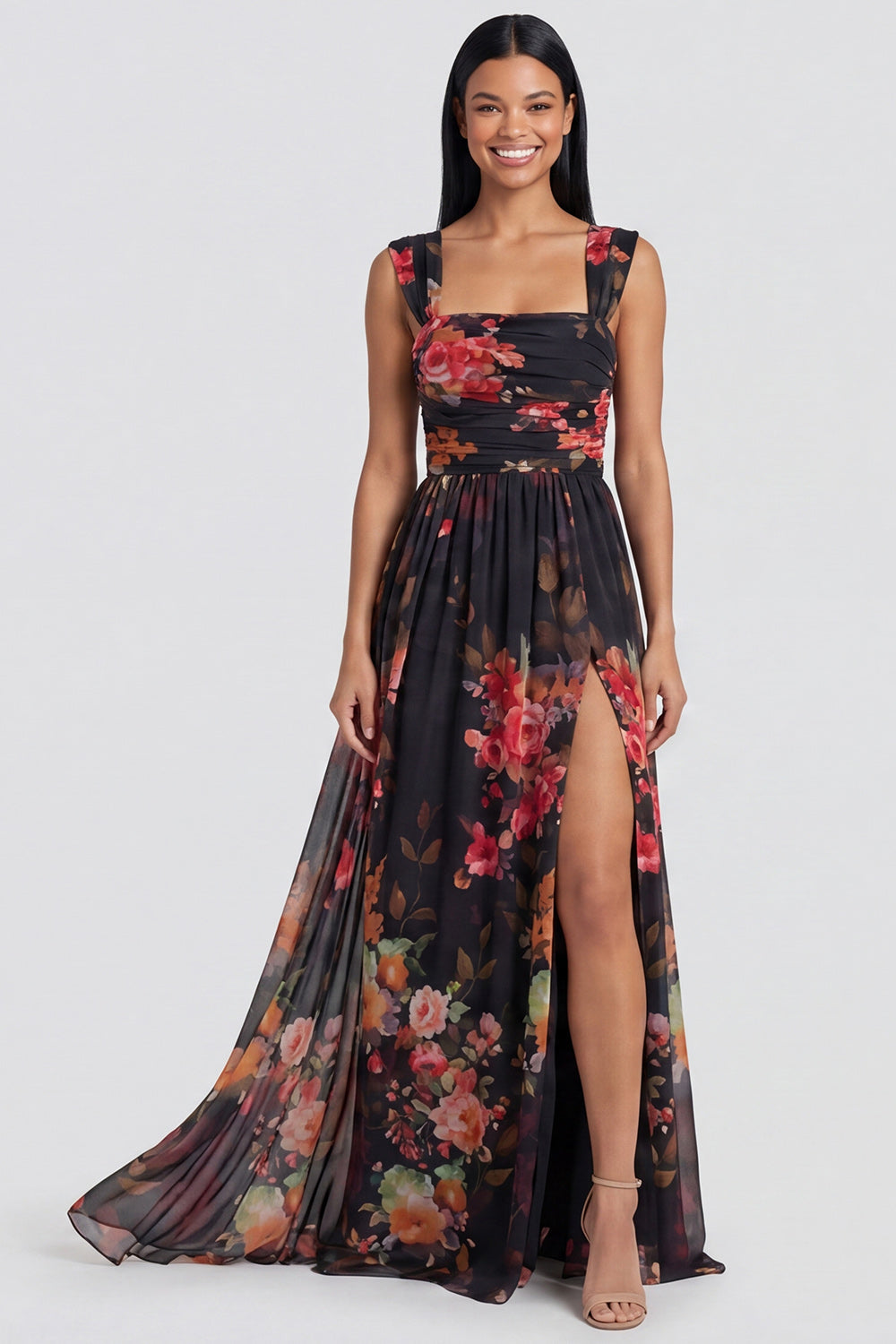 Floral Black A Line Ruched Wedding Guest Dress with Slit