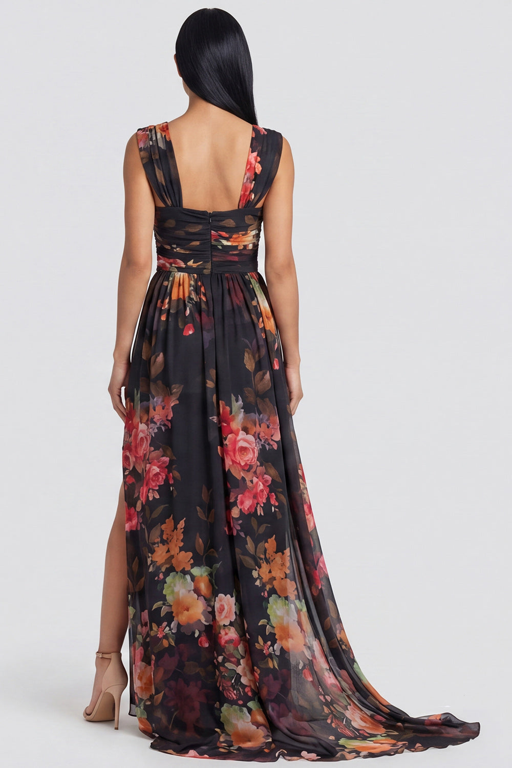 Floral Black A Line Ruched Wedding Guest Dress with Slit