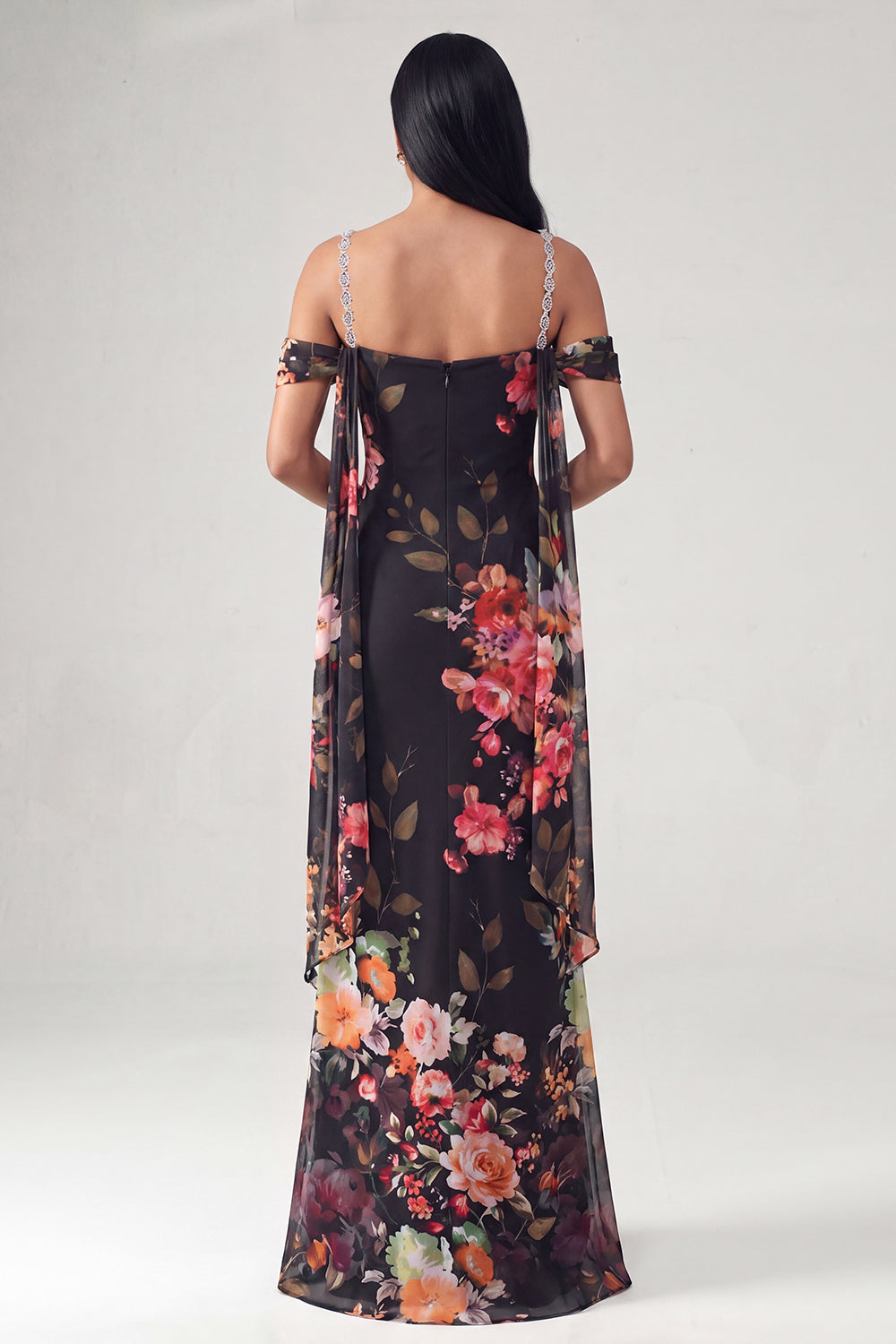Sheath Black Cold Shoulder Floral Wedding Guest Dress with Sash