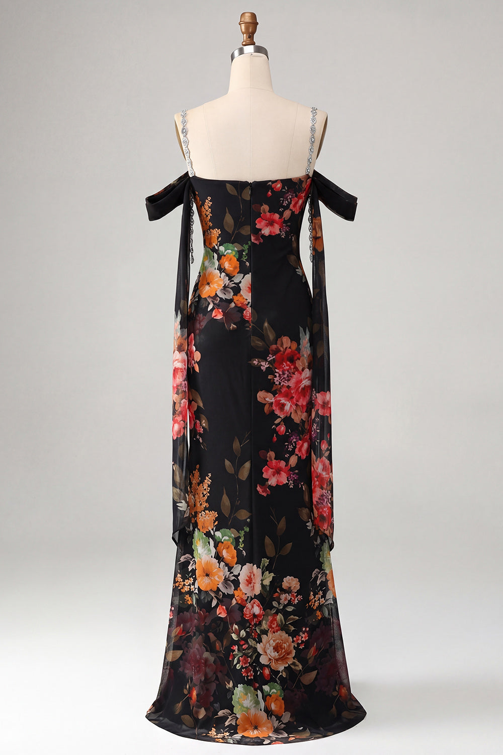 Sheath Black Cold Shoulder Floral Wedding Guest Dress with Sash