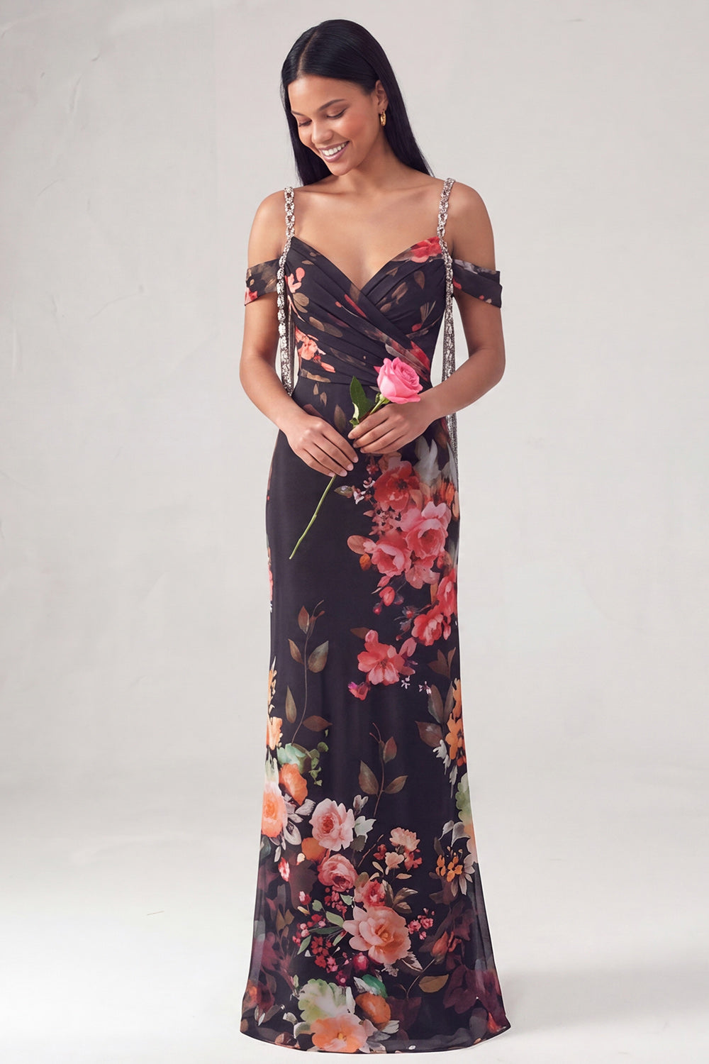 Floral Black Cold Shoulder Ruched Wedding Guest Dress