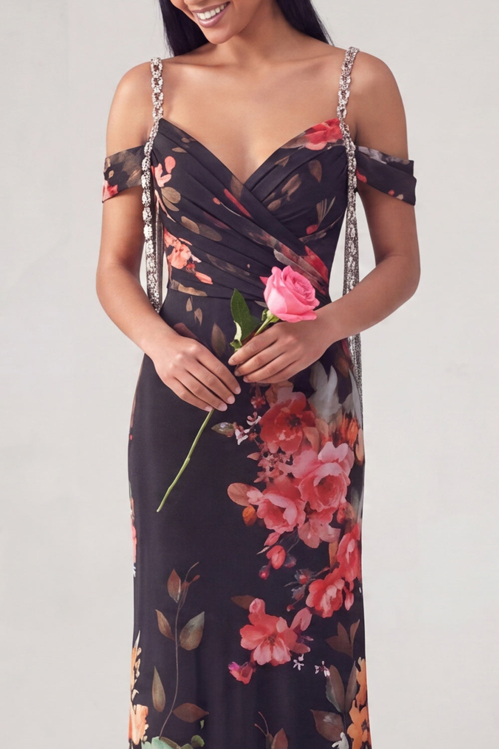 Floral Black Cold Shoulder Ruched Wedding Guest Dress